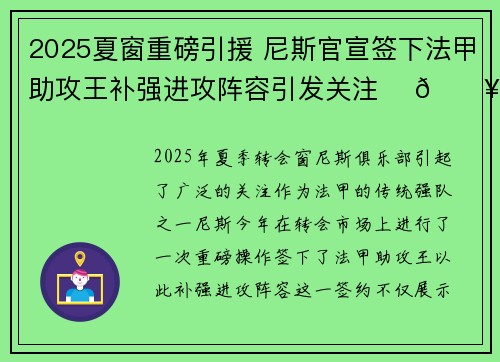 2025夏窗重磅引援 尼斯官宣签下法甲助攻王补强进攻阵容引发关注 ⚽🔥