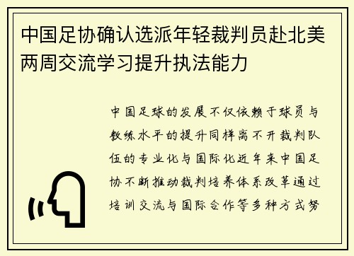 中国足协确认选派年轻裁判员赴北美两周交流学习提升执法能力